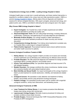 Comprehensive Urology Care at VIMS – Leading Urology Hospital in Salem