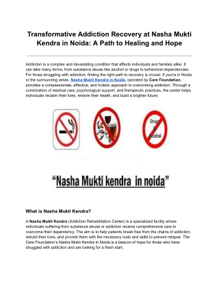 Transformative Addiction Recovery at Nasha Mukti Kendra in Noida: A Path to Healing and Hope