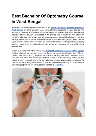 Best Bachelor Of Optometry Course In West Bengal