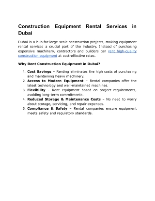 Construction Equipment Rental Services in Dubai