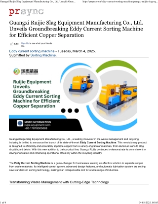 Guangxi Ruijie Slag Equipment Manufacturing Co., Ltd. Unveils Groundbreaking Eddy Current Sorting Machine for Efficient