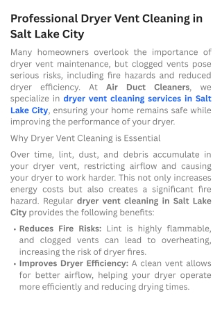 Professional Dryer Vent Cleaning in Salt Lake City