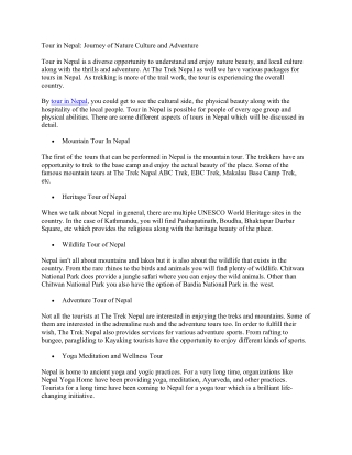 Tour in Nepal: Journey of Nature Culture and Adventure