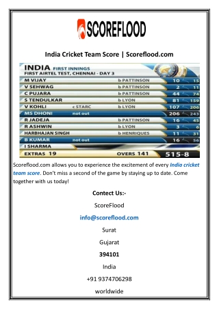 India Cricket Team Score  Scoreflood
