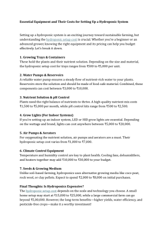 Essential Equipment and Their Costs for Setting Up a Hydroponic System