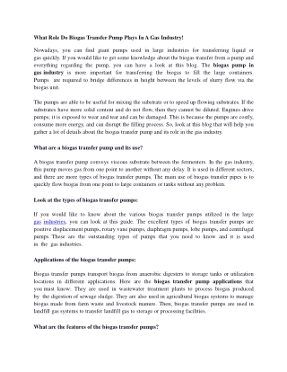 What Role Do Biogas Transfer Pump Plays In A Gas Industry