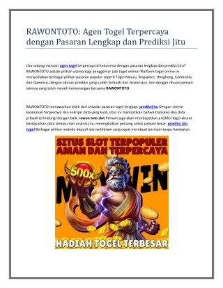 RAWONTOTO: Agen Togel Terpercaya dengan Pasaran Lengkap dan Prediksi Jitu