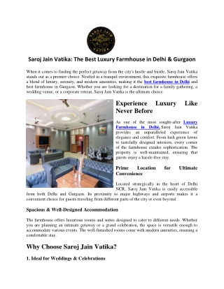 Saroj Jain Vatika The Best Luxury Farmhouse in Delhi & Gurgaon