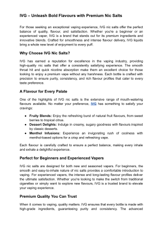 IVG – Unleash Bold Flavours with Premium Nic Salts