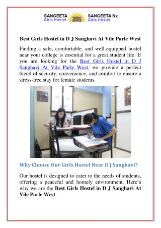 Best Girls Hostel in D J Sanghavi At Vile Parle West