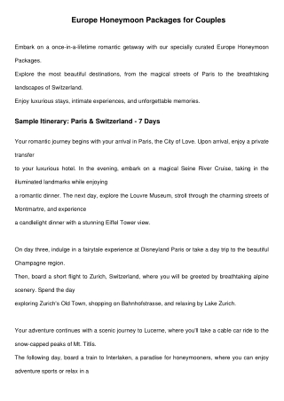 Europe Honeymoon Packages for Couple