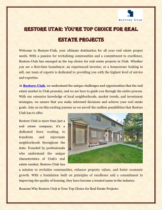 Restore Utah You’re Top Choice for Real Estate Projects