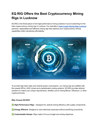 EQ RIG Offers the Best Cryptocurrency Mining Rigs in Lucknow