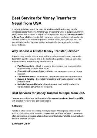 Best Service for Money Transfer to Nepal from USA