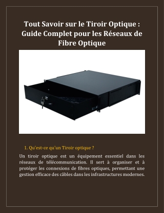 Tout Savoir sur le Tiroir Optique- Guide Complet pour les Réseaux de Fibre Optique