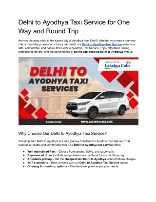 Delhi to Ayodhya Taxi Service for One Way and Round Trip