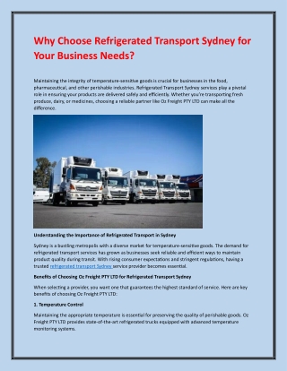 Why Choose Refrigerated Transport Sydney for Your Business Needs