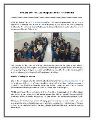 Find the Best PUC Coaching Near You at IISE Institute