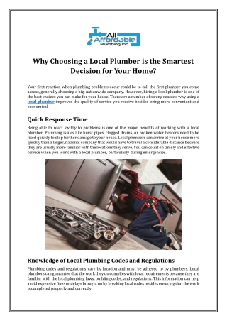 Why Choosing a Local Plumber is the Smartest Decision for Your Home?
