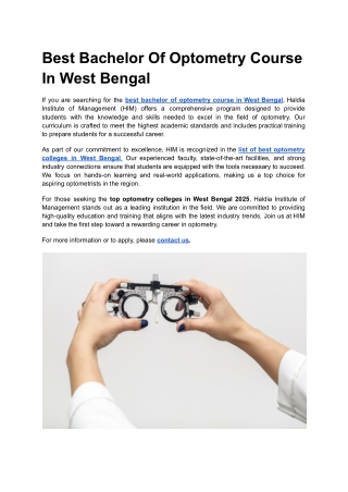 Best Bachelor Of Optometry Course In West Bengal