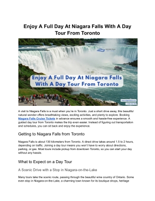 Enjoy A Full Day At Niagara Falls With A Day Tour From Toronto
