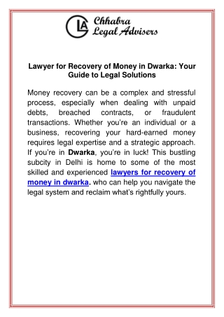 Lawyer for Recovery of Money in Dwarka Your Guide to Legal Solutions