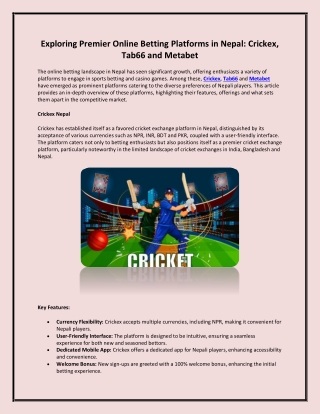 Top levels Online Betting Platforms in Nepal - Crickex, Tab66 and Metabet