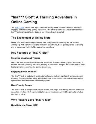 _Ina777 Slot__ A Thrilling Adventure in Online Gaming