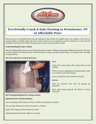 Eco-friendly Couch & Sofa Cleaning in Westchester, NY at Affordable Price