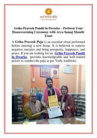 Griha Pravesh Pandit in Dwarka  Perform Your Housewarming Ceremony with Arya Samaj Mandir Trust
