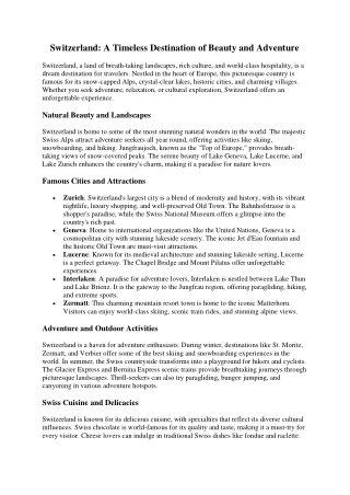 Switzerland A Timeless Destination of Beauty and Adventure