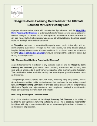 Obagi Nu-Derm Foaming Gel Cleanser The Ultimate Solution for Clear Healthy Skin