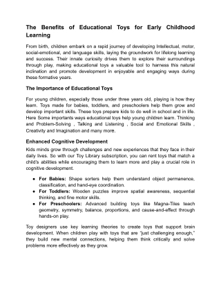 The Benefits of Educational Toys for Early Childhood Learning