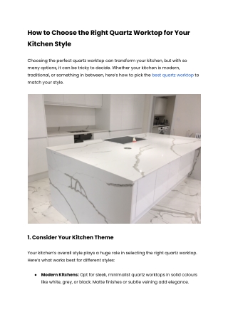 How to Choose the Right Quartz Worktop for Your Kitchen Style