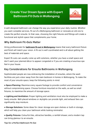 Create Your Dream Space with Expert Bathroom Fit Outs in Wollongong