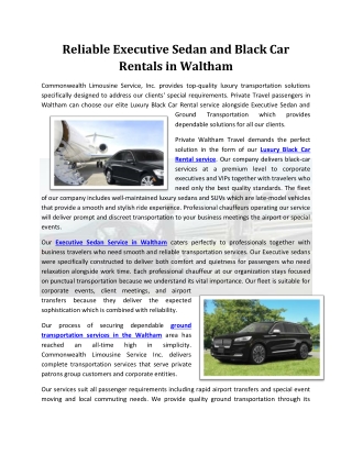 Reliable Executive Sedan and Black Car Rentals in Waltham