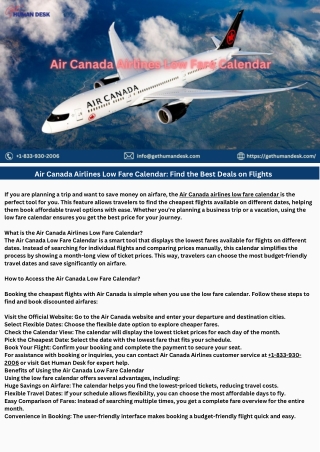 Air Canada Airlines Low Fare Calendar