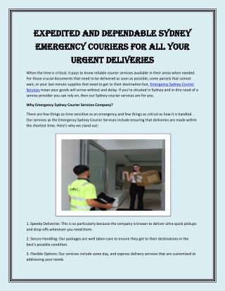 Expedited and dependable Sydney emergency couriers for all your urgent deliveries
