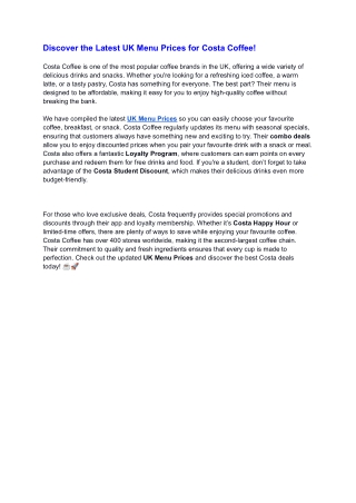 Discover the Latest UK Menu Prices for Costa Coffee!