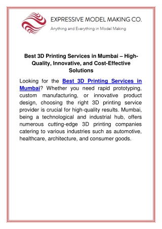 Best 3D Printing Services in Mumbai  High-Quality, Innovative, and Cost-Effective Solutions