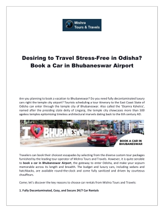 Desiring to Travel Stress-Free in Odisha - Book a Car in Bhubaneswar Airport