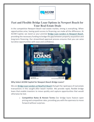Fast and Flexible Bridge Loan Options in Newport Beach for Your Real Estate Deals