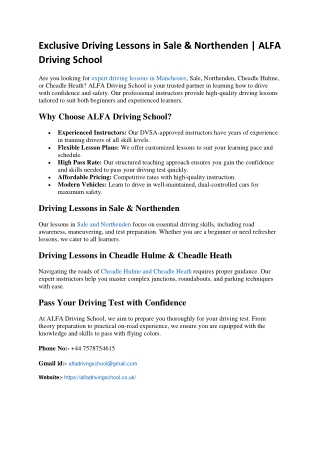 Exclusive Driving Lessons in Sale & Northenden  ALFA Driving School