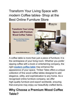 Transform Your Living Space with modern Coffee tables- Shop at the Best Online Furniture Store