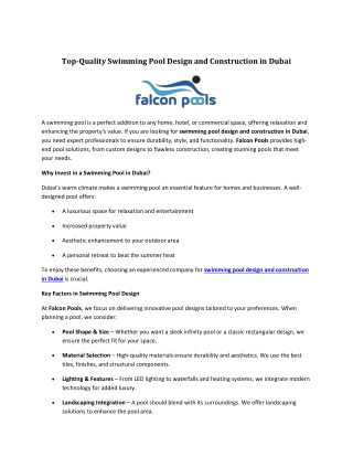 Top-Quality Swimming Pool Design and Construction in Dubai