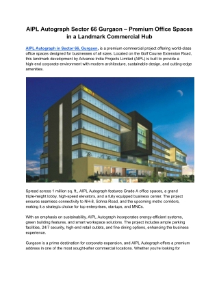 AIPL Autograph Sector 66 Gurgaon – Premium Office Spaces in Gurgaon