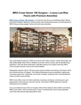 MRG Crown Sector 106 Gurgaon – Luxury Low-Rise Floors with Premium Amenities