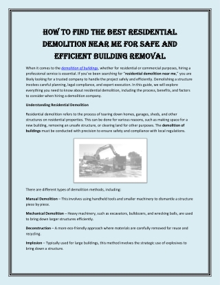 How to Find the Best Residential Demolition Near Me for Safe and Efficient Building Removal