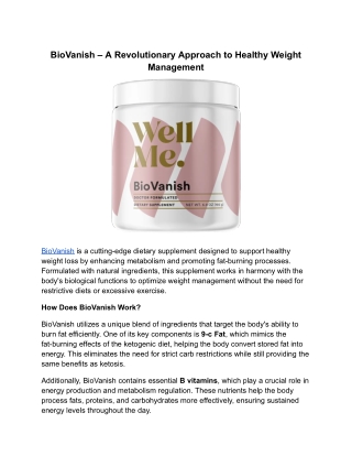 BioVanish – A Revolutionary Approach to Healthy Weight Management