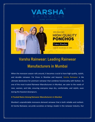Varsha Rainwear Leading Rainwear Manufacturers in Mumbai